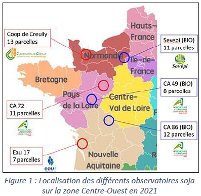 Localisation des différents observatoires soja sur la zone Centre-Ouest en 2021