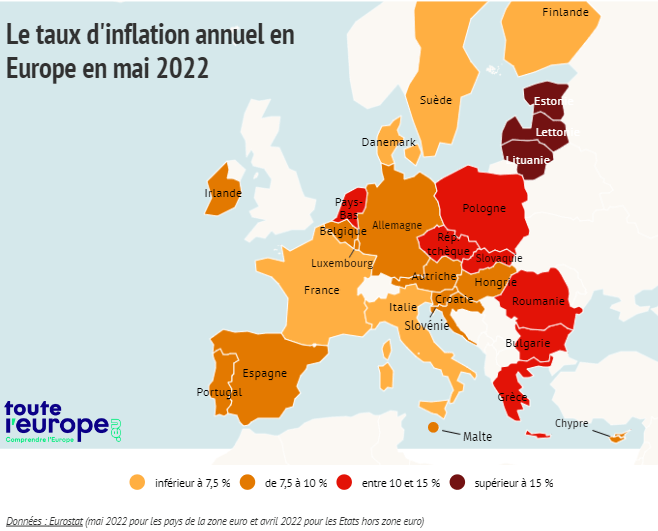 Le taux d'inflation annuel en Europe en mai 2022