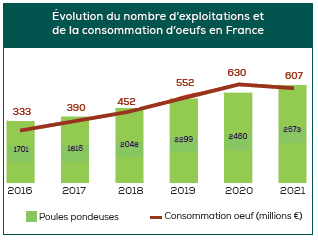 Évolution du nombre d’exploitations et
de la consommation d’oeufs en France