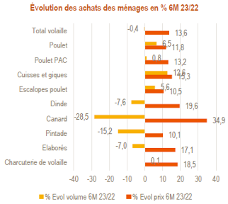 Veille économique :  Évolution des achats des ménages de volaille de chair en %6M 2022/2023