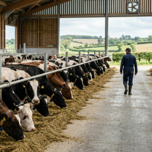 Un éleveur de vaches laitières dans une grande étable