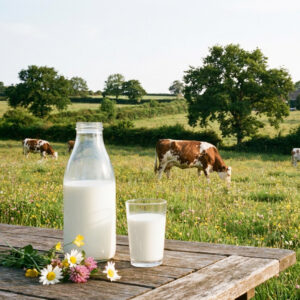 Bocage normand avec des vaches Normandes et une bouteille de lait au premier plan pour illustrer l'observatoire